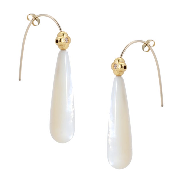 Metal Mother of Pearl Raindrop Earrings, Pair For Sale - Image 7 of 7