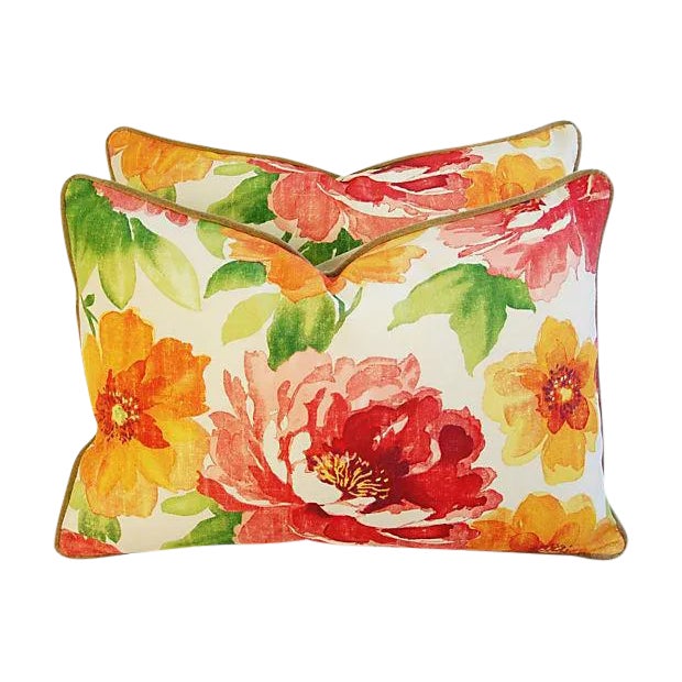 Yellow Floral & Scalamandre Velvet Feather/Down Lumbar Accent Pillows 26" X 18" - Pair For Sale - Image 8 of 10