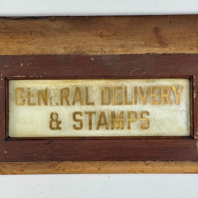 Early 20th Century Salvaged Antique "General Delivery & Stamps" Gilded Sign on Frosted Glass and in Wood Frame For Sale - Image 5 of 11