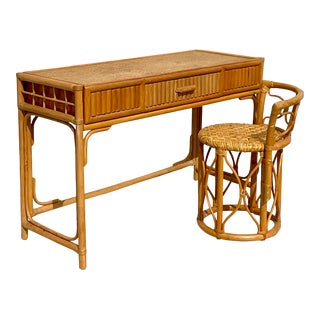 Late 20th Century Vintage Coastal Pretzel Rattan Desk and Chair Set of 2 For Sale