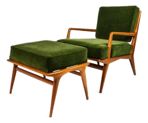 Italian Mid-Century Modern Lounge Chair & Ottoman in Walnut & Mohair Attributed to Carlo De Carli for M. Singer and Sons, Italy-Usa, 1950s
