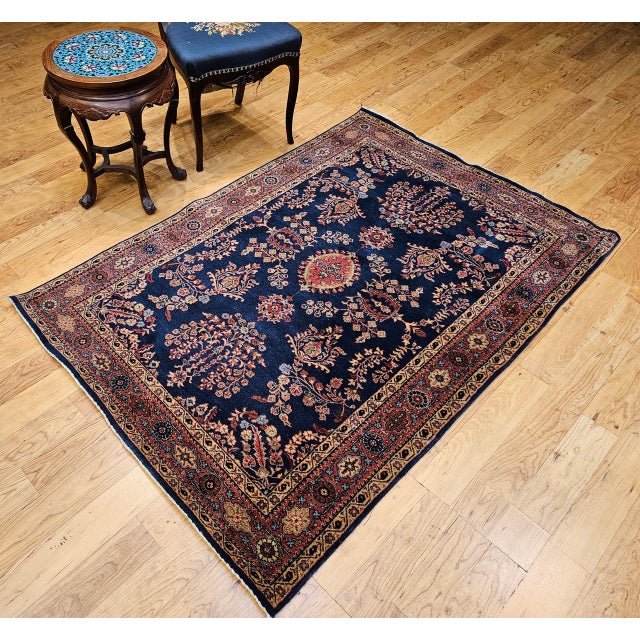 Persian Antique Persian Mahajiran Sarouk Area Rug, Hand-Knotted Wool, Allover Floral Pattern, Navy & Red, 4x6 For Sale - Image 3 of 14