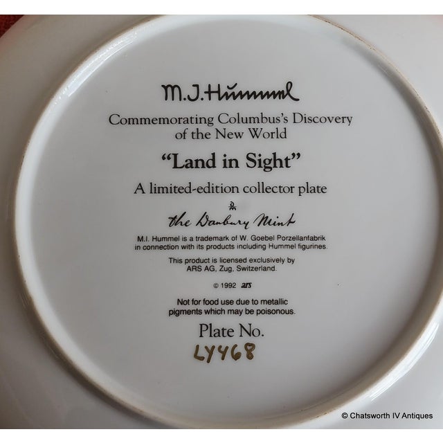 1990s Vintage Hummel Collectors Plate ~ "Land in Sight" Danbury Mint ~ Columbus' Voyage W/ Stand For Sale - Image 5 of 7