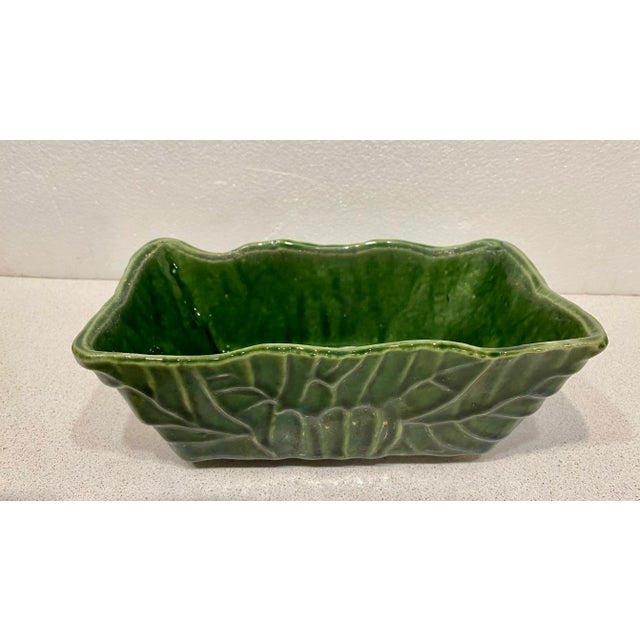 Vintage MidCentury Green Veined Leaf Planter, Signed USA Pottery. The glaze has a nice iridescent quality to it. The...