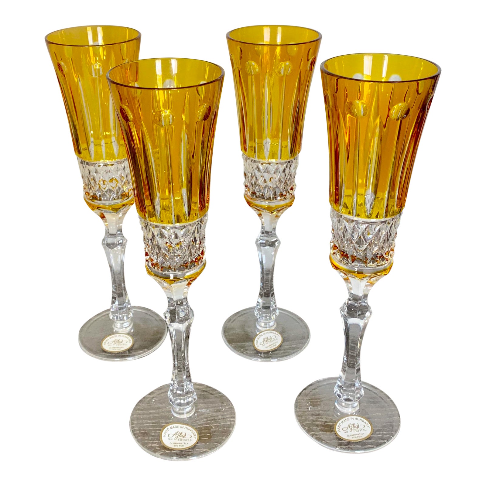 Faberge Design Yellow Hand Cut Crystal Champagne Glasses Set of 4
