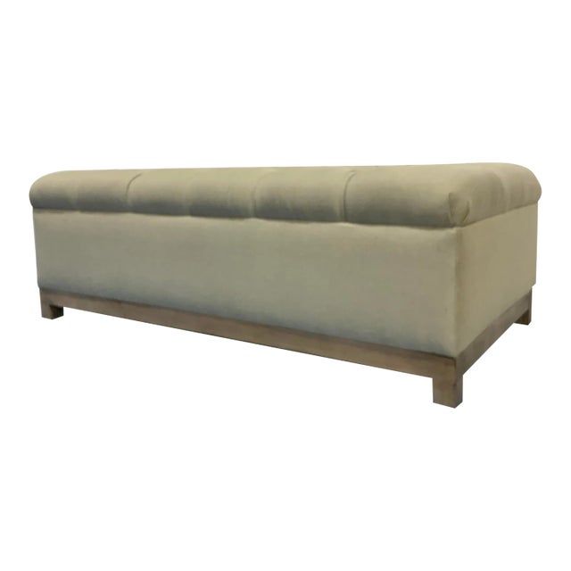 Tufted Beige Linen Ottoman For Sale