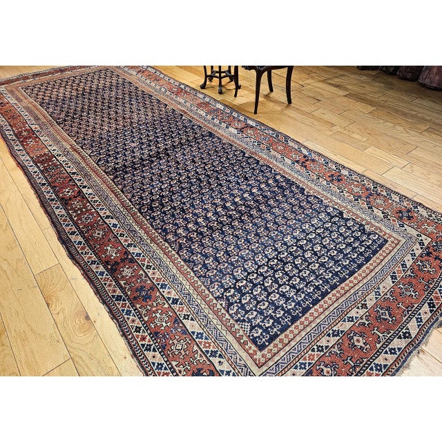 19th Century Persian Kurdish Gallery Rug, Hand-Knotted Wool, Allover Paisley Pattern, Navy & Terracotta, 6' X 15' For Sale In Chicago - Image 6 of 18