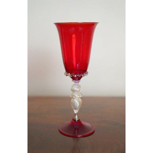 Italian Italian Ruby Red Murano Art Glass Chalice With Gold Aventurine Stem 1970s For Sale - Image 3 of 8