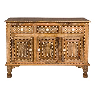 Anglo-Indian Style Mango Wood Buffet with Geometric Bone Inlay For Sale