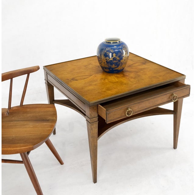 Baker burl walnut square brass gallery top drawer two tier side lamp table night stand.