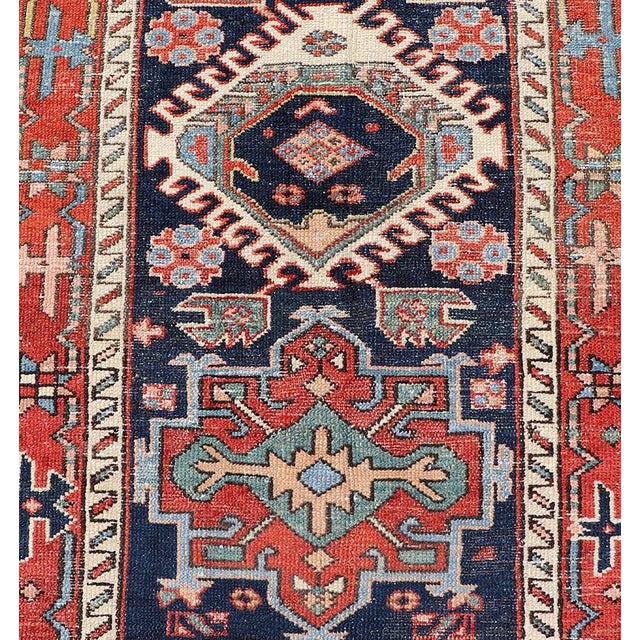 Antique Heriz Serapi Runner With Colorful Highly Stylized Medallion Design For Sale In Atlanta - Image 6 of 13