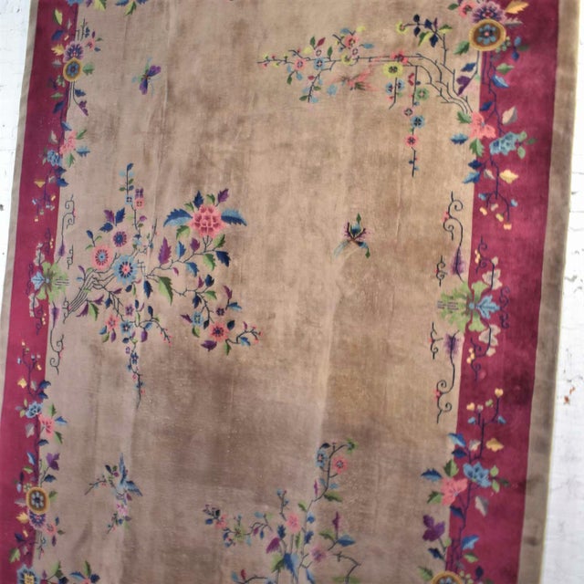 Early 20th Century Antique Chinese Art Deco Wool Handmade Rug Taupe With Magenta Border 8’8”x11’4.5” For Sale - Image 5 of 13