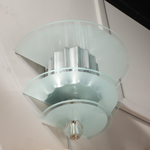 Art Deco Skyscraper Style Three-Tier Frosted Glass and Polished Aluminum Sconces For Sale - Image 11 of 12