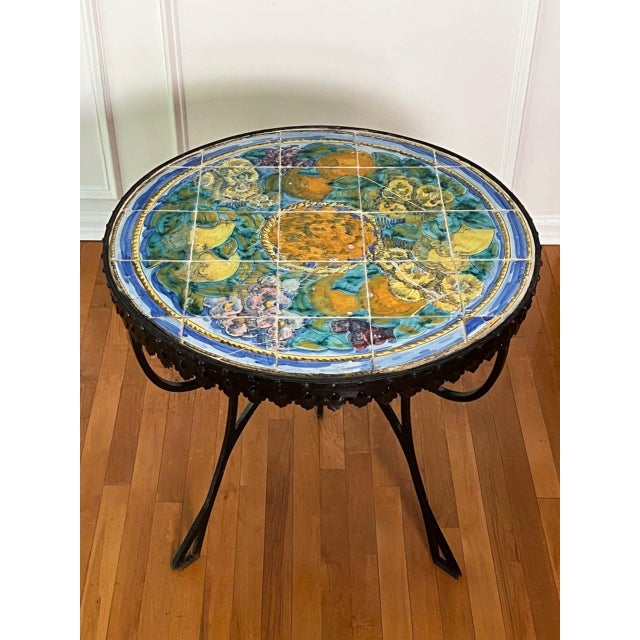 Italian Hand-Painted Ceramic Tile Top Bistro, Side Table With Wrought Iron Base, 1950s For Sale - Image 4 of 15