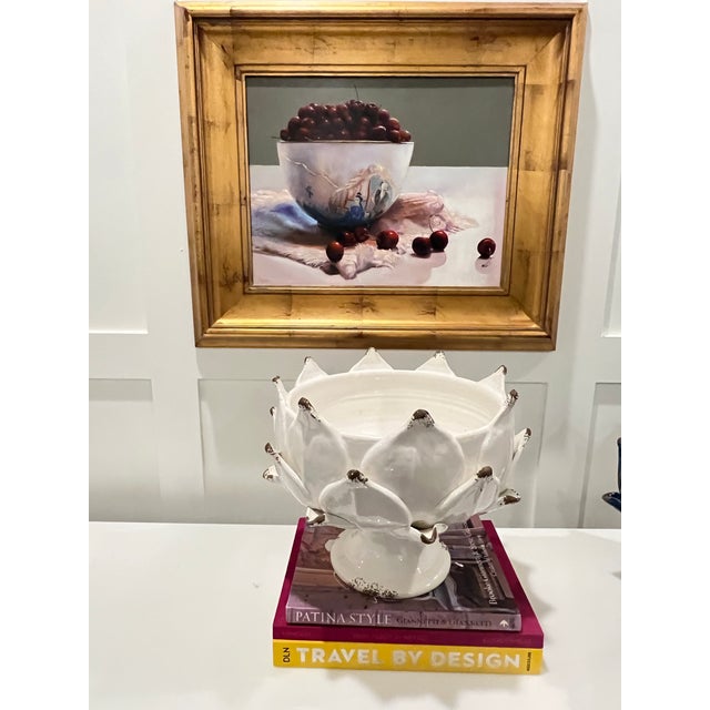 Chinoiserie Italian Hand Thrown Hand Painted Artichoke Majolica Pedestal Bowl Sculptural Centerpiece - White For Sale - Image 3 of 6