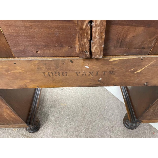 Antique 1930's Bedroom Mirrored Vanity, Hand Carved Walnut, Burl Inlay, Beveled Glass, Curved Cabinets For Sale - Image 11 of 13