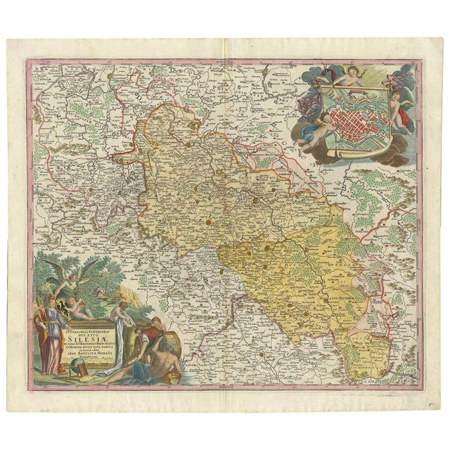 Antique map titled 'Superioris et Inferioris ducatus Silesiae (\.)'. Detailed map of Silesia by Johann Baptist Homann....