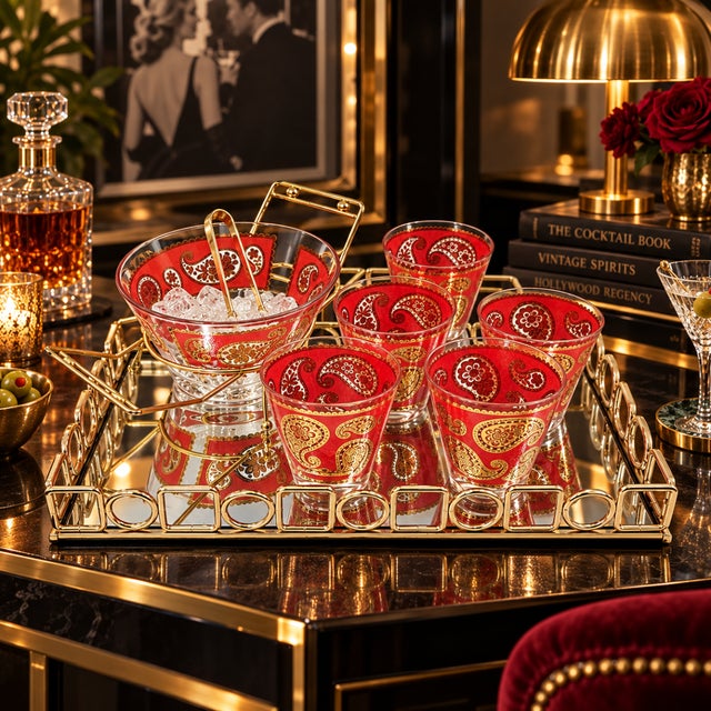 Culver Ltd. 1960s Culver Red Paisley 22k Glasses Ice Bucket in Caddy With Uttermost Tray Set- 9 Pieces For Sale - Image 4 of 11