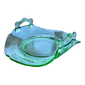 Circa 1920 Uranium Glass Double Handle Bon Bon Dish, Mt. Pleasant Pattern by l.e. Smith Glass