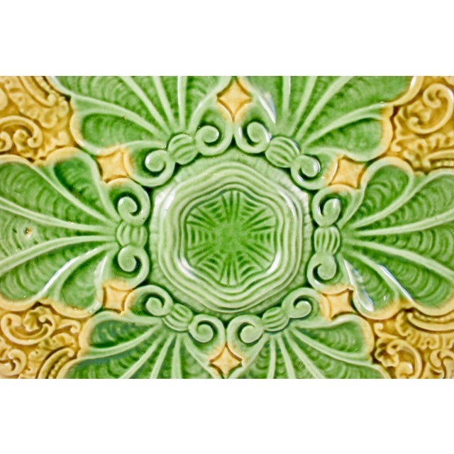 A scarce French majolica oyster plate in an Art Nouveau style, maker unknown, circa 1890-1900. AMAZING color! Six stylized...