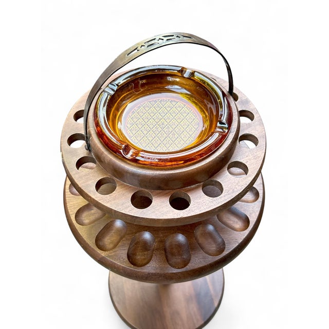 1960s Decatur Industries Free Standing Walnut Pipe Stand With Glass Ashtray For Sale - Image 4 of 6