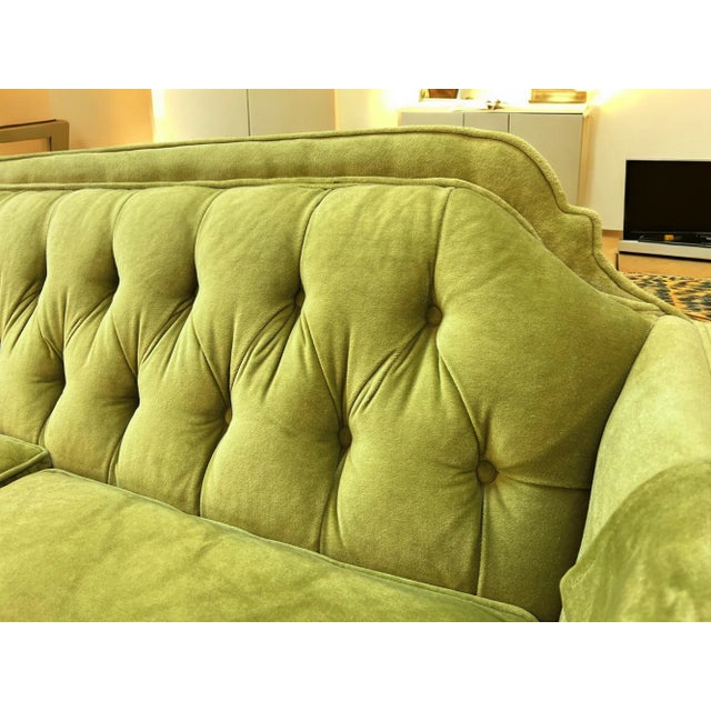 Hollywood Regency Mid-Century Modern Chartreuse Velvet Sofa For Sale - Image 3 of 8