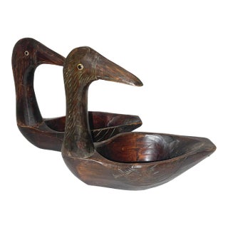 Primitive Carved Wood Duck Decoys Boats - Pair of 2 For Sale