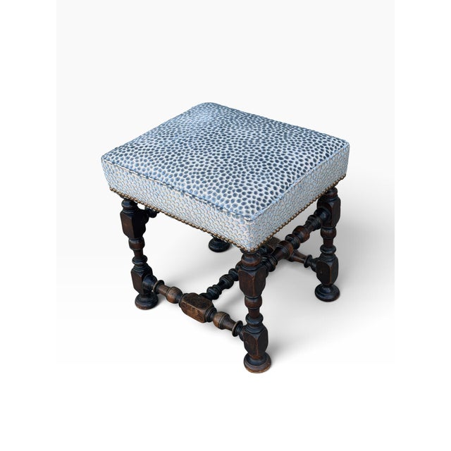 William IV Antique 18th C William & Mary Walnut Ottoman Footstool W Blue Cheetah Velvet For Sale - Image 3 of 4