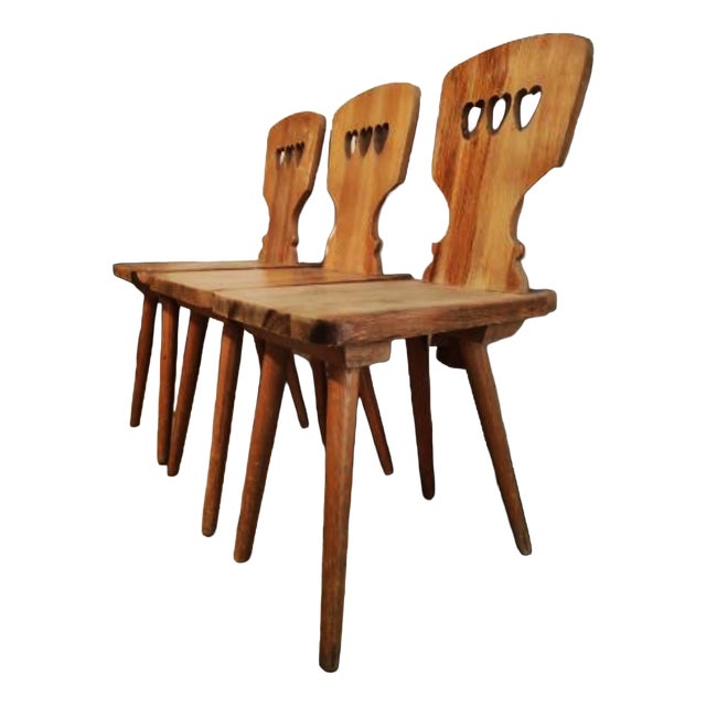 Folk Art Pine Wood Chairs, 1970s, Set of 3 For Sale
