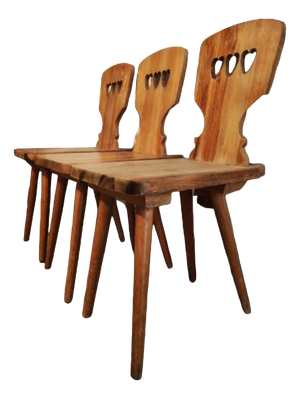 Folk Art Pine Wood Chairs, 1970s, Set of 3