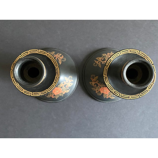 Japanese 1910s Japanese Lacquer Candlesticks With Gilt Floral Decoration - Pair For Sale - Image 3 of 7