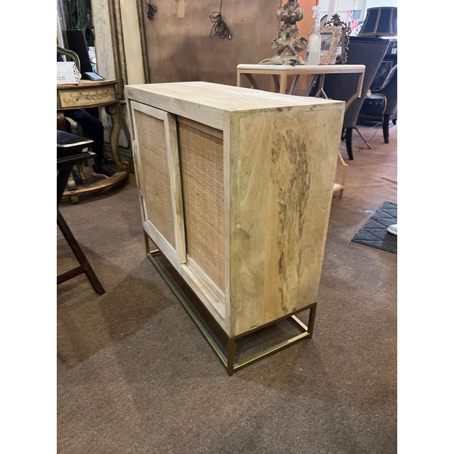 Natural Wood & Rattan Sliding Door Cabinet With Brass Base For Sale - Image 4 of 8