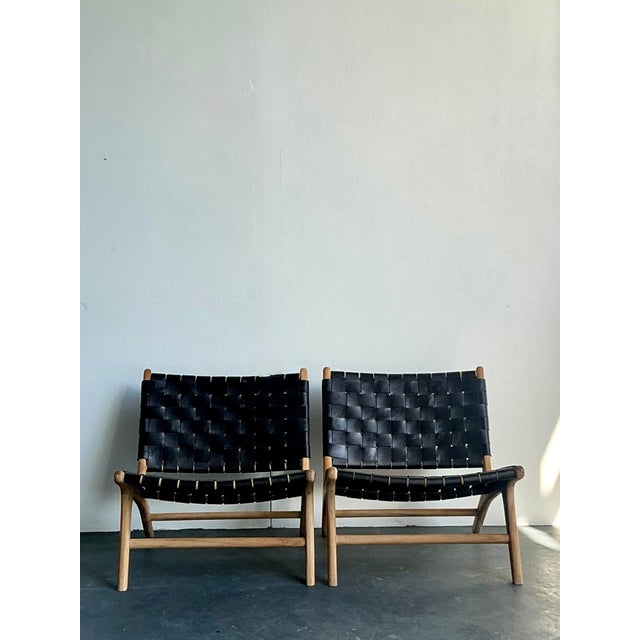 Mid-Century Modern Vintage Boho Woven Leather Lounge Chairs - A Pair For Sale - Image 3 of 11