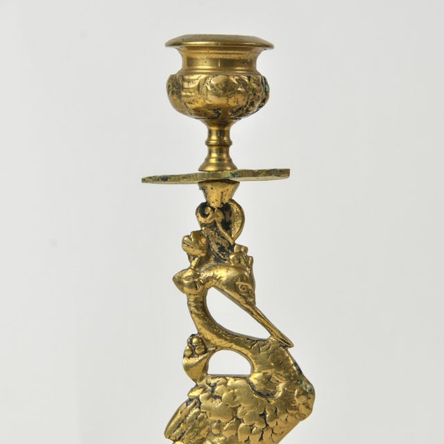 Art Nouveau Art Nouveau Style Vintage Brass Crane Candlestick Pair For Sale - Image 3 of 12