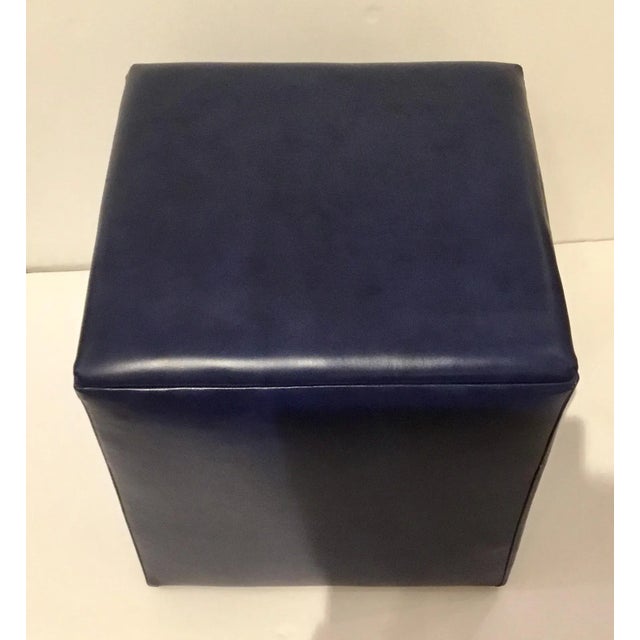 Leathercraft Leather Craft Modern Blue Leather Cube Ottoman For Sale - Image 4 of 5