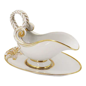 19th Century Large French White and Gold Porcelain Sauce Boat, Gravy Boat - Two Pieces