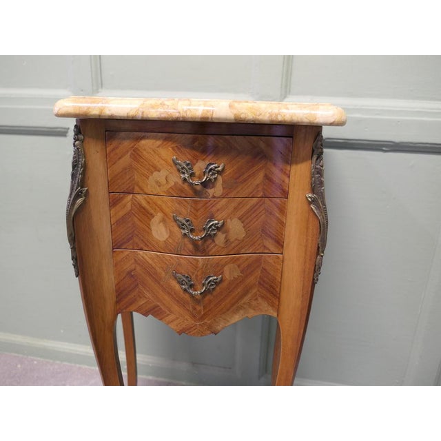 French Marquetry and Marble Bombe Shaped Bedside Tables, Set of 2 For Sale - Image 6 of 8