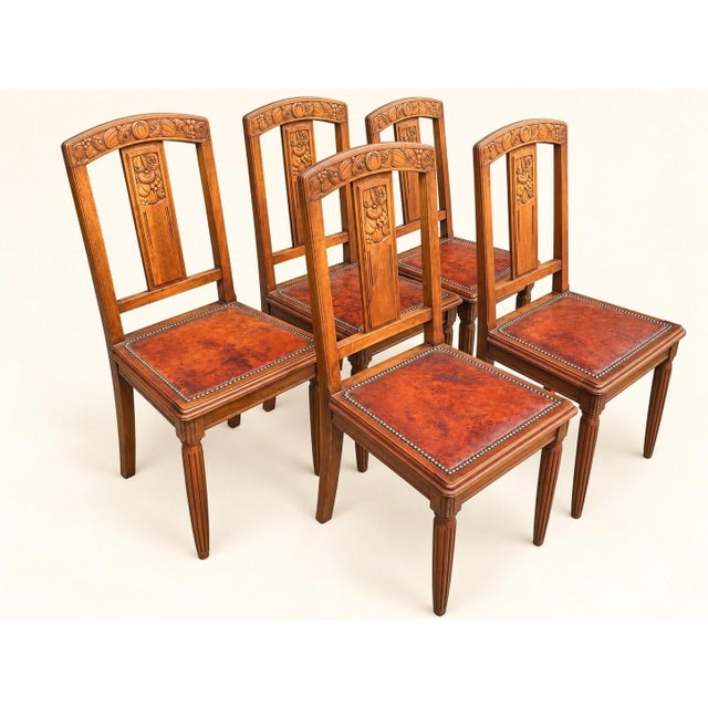 Art Deco Chairs in Carved Walnut with Studded Leather Seats, 1920s, Set of 5 For Sale - Image 4 of 11
