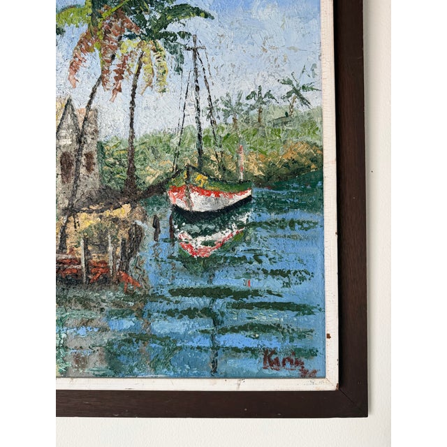 Vintage Caribbean Tropical Coastal Landscape Oil on Canvas Painting, Framed For Sale - Image 10 of 13