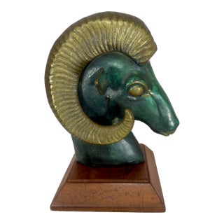 1970s Hollywood Regency Maitland-Smith Style Brass Rams Head Sculpture on Walnut Base For Sale