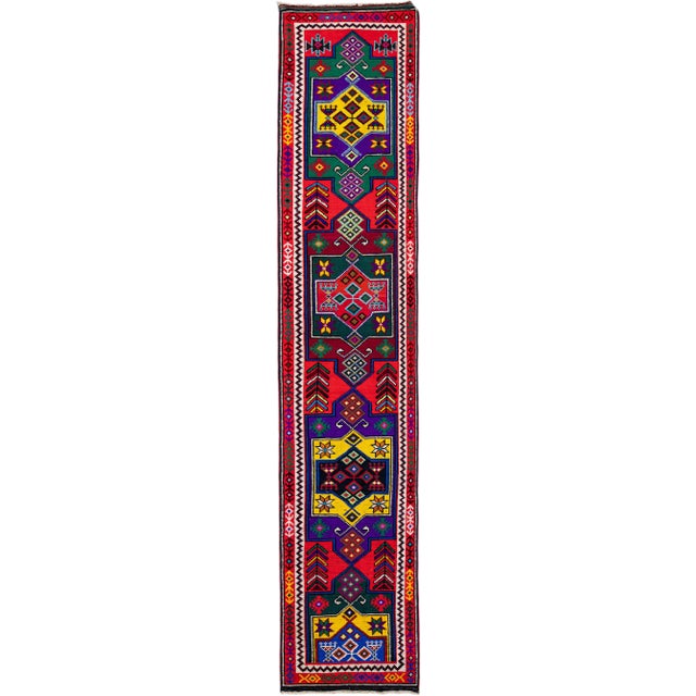 Vintage Turkish Handmade Multicolor Tribal Pattern Red Wool Runner For Sale - Image 10 of 10