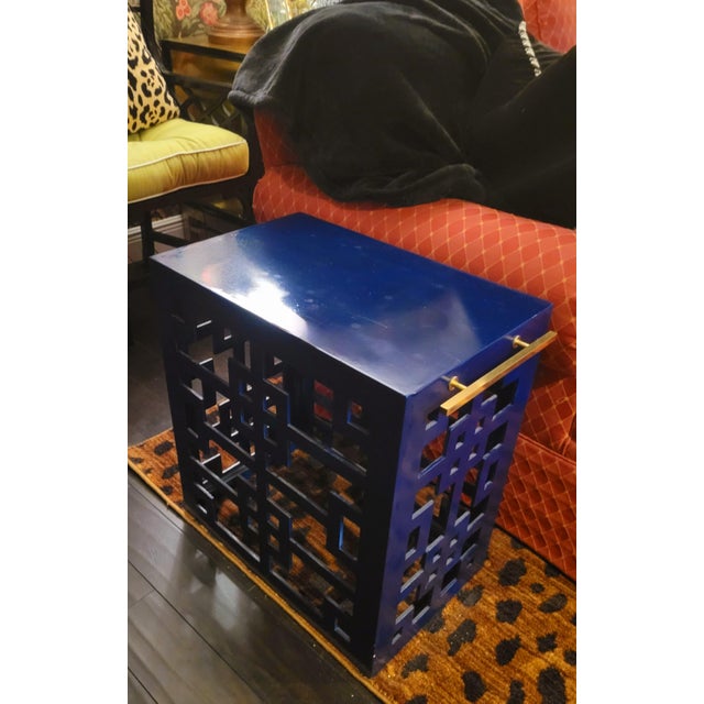 Custom Made Painted Deep Navy Blue Chippendale Fretwork Narrow Elongated Side Table Gold Handles For Sale In West Palm - Image 6 of 9