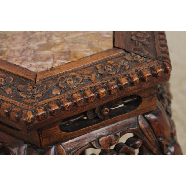 Chinese Antique Hexagonal Carved Plant Stand With Inlaid Marble Top For Sale In Philadelphia - Image 6 of 13
