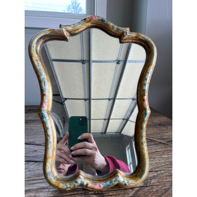Vintage 1950's Chinoiserie French Italian Gilded Hand Painted Dressing Mirror For Sale - Image 4 of 10