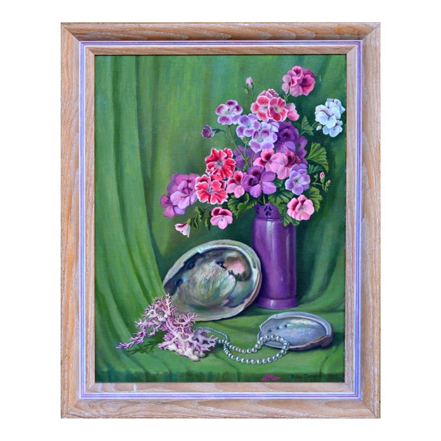Geranium and Abalone Shell Still Life by Rose Campbell For Sale
