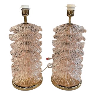 Decorative Pair of Pink Murano Brass "Ruffle" Lamps For Sale