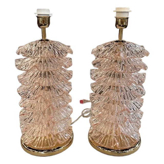 Decorative Pair of Pink Murano Brass "Ruffle" Lamps For Sale