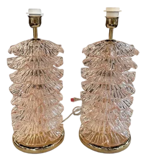 Decorative Pair of Pink Murano Brass "Ruffle" Lamps