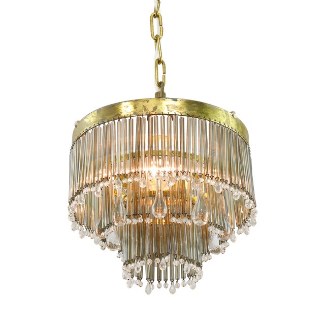 Mid-Century Modern Teardrop Three-Tier Pendant Light in Brass and Crystal, 19560s For Sale