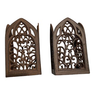 Pair of Heavy Vintage Cast Iron Gothic Cathedral Candle Holders For Sale